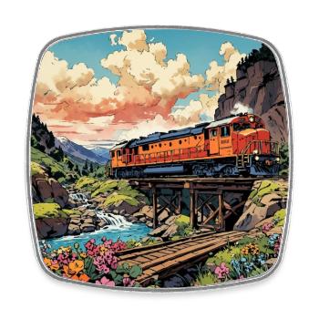 Nostalgischer Eisenbahnzug auf Holzbrücke - Viereckiger Kühlschrankmagnet - Weiß - Vorne