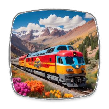 Bunte Santa Fe Diesellokomotive mit Waggons - Viereckiger Kühlschrankmagnet - Weiß - Vorne