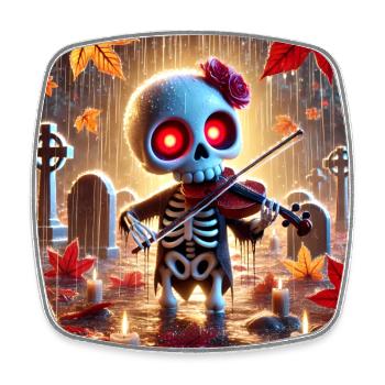 An adorable skeleton plays the violin in the rain - Square fridge magnet - white - Front