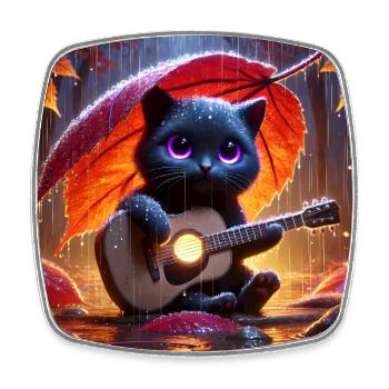 Chat noir aux yeux violets joue de la guitare - Magnet carré - blanc - Devant