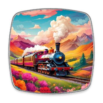 Nostalgic steam locomotive with wagons - Square fridge magnet - white - Front