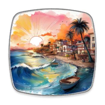 Vibrant Coastal Sunset Scene with Boats and Waves - Square fridge magnet - white - Front