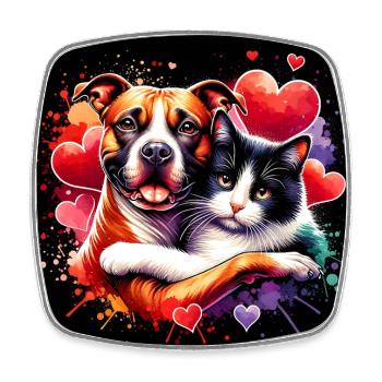 Staffordshire Terrier et chat Love Friendship - Magnet carré - blanc - Devant