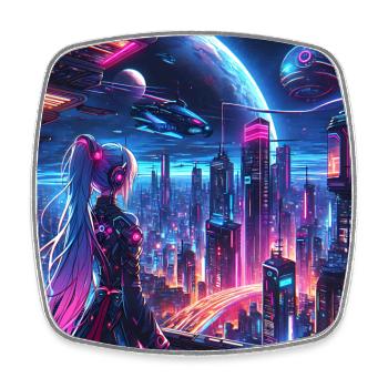 Une fille d’anime regarde une ville futuriste - Magnet carré - blanc - Devant