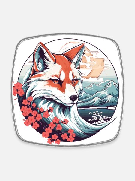 Anime Japan Kitsune Fuchs - Viereckiger Kühlschrankmagnet - Weiß