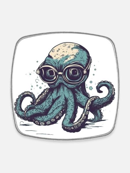 Nerdy Comic Oktopus mit Brille - Viereckiger Kühlschrankmagnet - Weiß