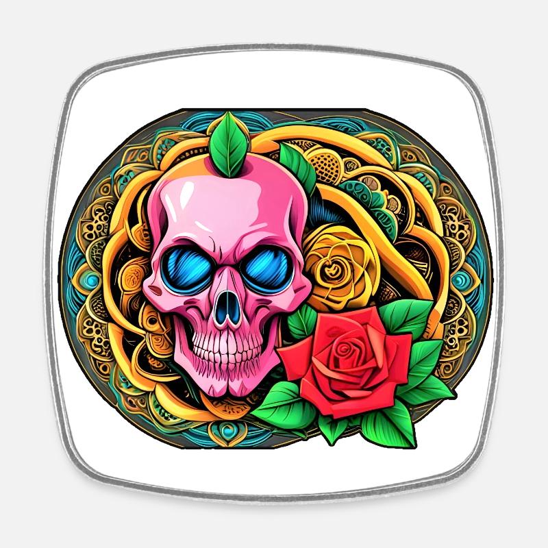 Skulls 'n' Roses - Pink Skull - Square fridge magnet - white