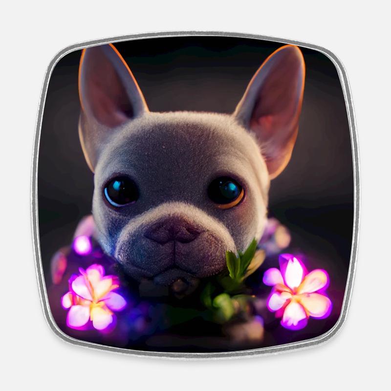 petit bouledogue Français mignon avec des fleurs - Magnet carré - blanc