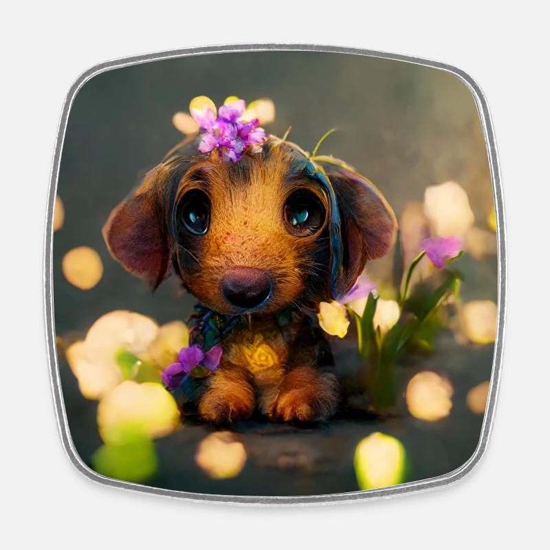 petit teckel mignon avec des fleurs - Magnet carré - blanc