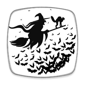 Sorcière et son chat sur son Balai - Halloween - Magnet carré - blanc - Devant