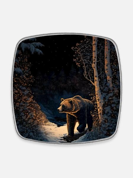 Ukiyo bear in forest landscape at winter time - Square fridge magnet - white