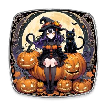 Anime Halloween Witch/Hexe, Kürbis, Katze - Viereckiger Kühlschrankmagnet - Weiß - Vorne
