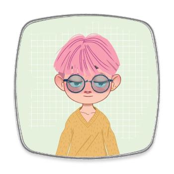 Manga Junge Chibi Figur rosa Haare und Brille - Viereckiger Kühlschrankmagnet - Weiß - Vorne