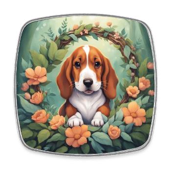 Cute Kawaii Baby Basset Hound Floral - Square fridge magnet - white - Front