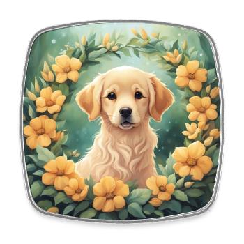 Cute Kawaii Baby Golden Retriever Floral - Square fridge magnet - white - Front