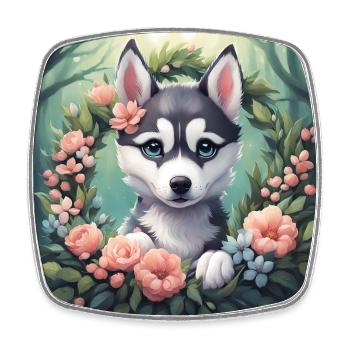 Niedliche Kawaii Baby Husky Blumen - Viereckiger Kühlschrankmagnet - Weiß - Vorne