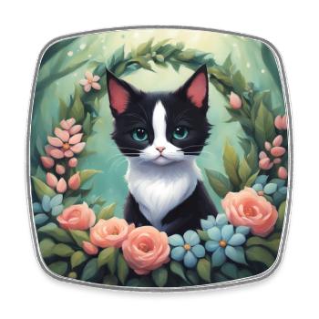 Niedliche Kawaii Baby Tuxedo Katze Blumen - Viereckiger Kühlschrankmagnet - Weiß - Vorne