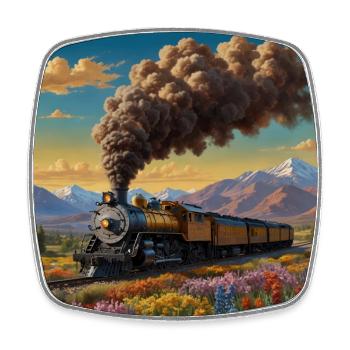 Nostalgic smoking steam locomotive with wagons - Square fridge magnet - white - Front