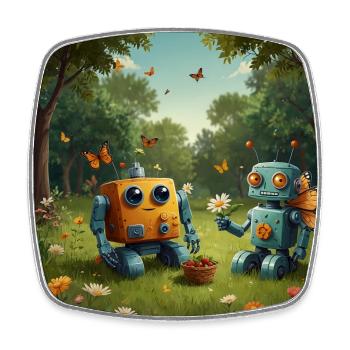 Zwei kleine Roboter auf einer Blumenwiese - Viereckiger Kühlschrankmagnet - Weiß - Vorne