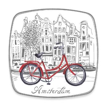 Amsterdam City View on Red Bike - Square fridge magnet - white - Front