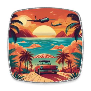 Vintage Beach Sunset with Red Car and Planes - Square fridge magnet - white - Front
