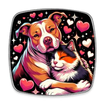 Staffordshire Terrier et chat Love Friendship - Magnet carré - blanc - Devant