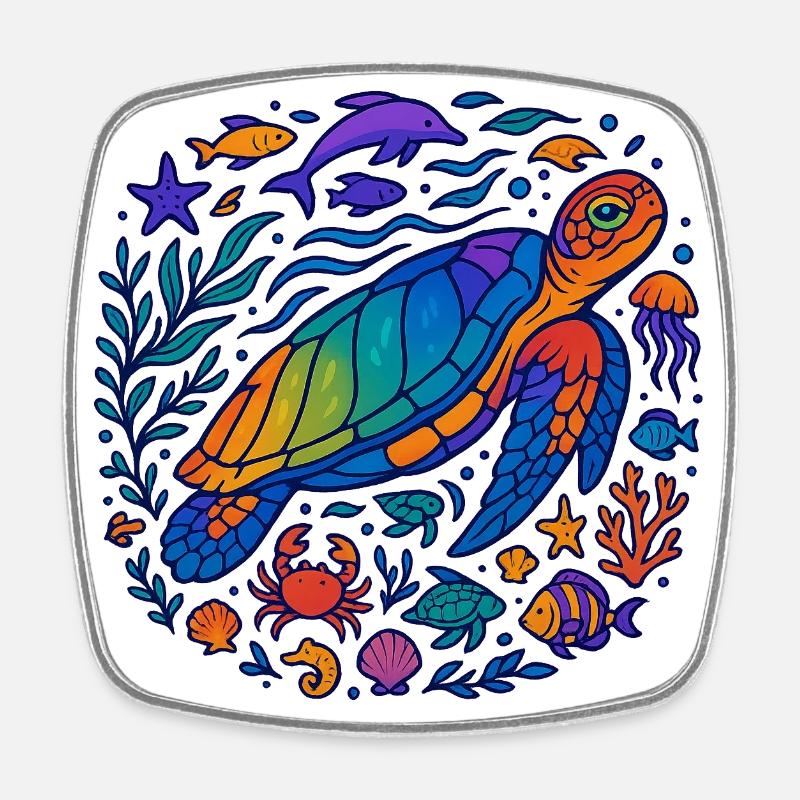Créatures marines colorées – Turtle & Ocean - Magnet carré - blanc