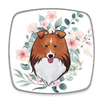 Sable shetland sheepdog with flowers - Square fridge magnet - white - Front