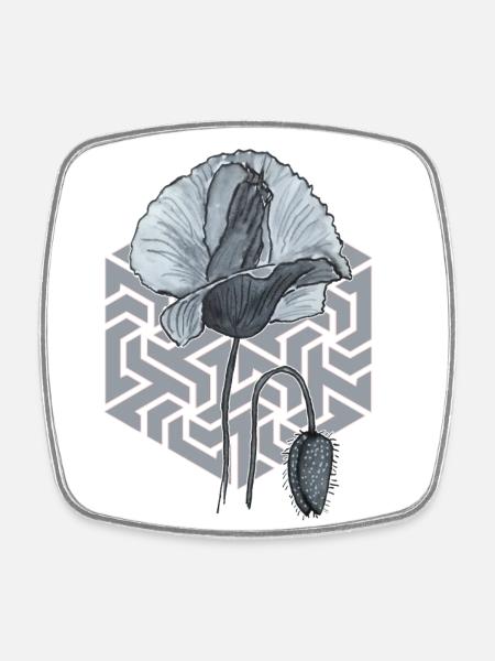 black and white poppy with hexagon in the background - Square fridge magnet - white