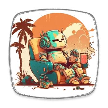 A resting old robot on an orange background. - Square fridge magnet - white - Front