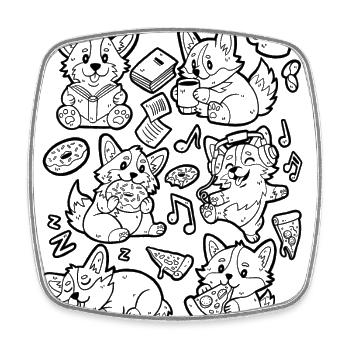 Corgi Doodle : Café, Pizza, Beignet, Musique, Livre - Magnet carré - blanc - Devant