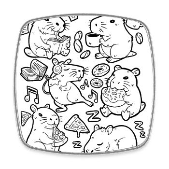 Capybara Doodle : Pizza, Café, Beignet, Musique, Livre - Magnet carré - blanc - Devant