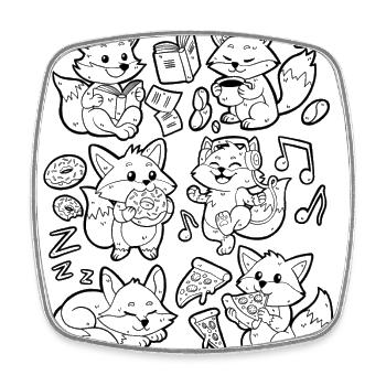 Fuchs Doodle: Pizza, Donut, Kaffe, Musik, Buch - Viereckiger Kühlschrankmagnet - Weiß - Vorne