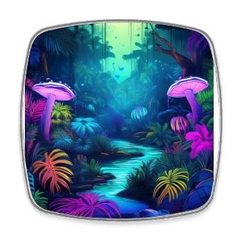Neon Jungle with Glowing Mushrooms and Plants - Square fridge magnet - white - Front