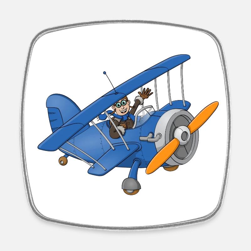 A cheerful pilot in a blue plane. - Square fridge magnet - white