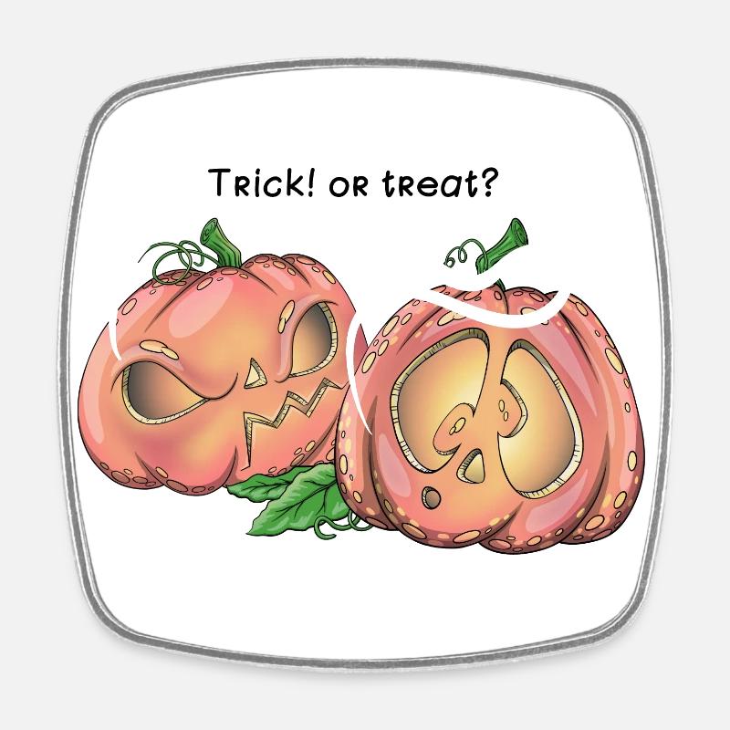 Two cute pumpkins saying Trick! or treat? - Square fridge magnet - white