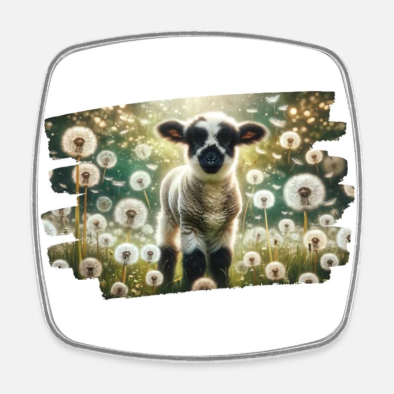 Charming lamb in dreamy dandelion field - Square fridge magnet - white