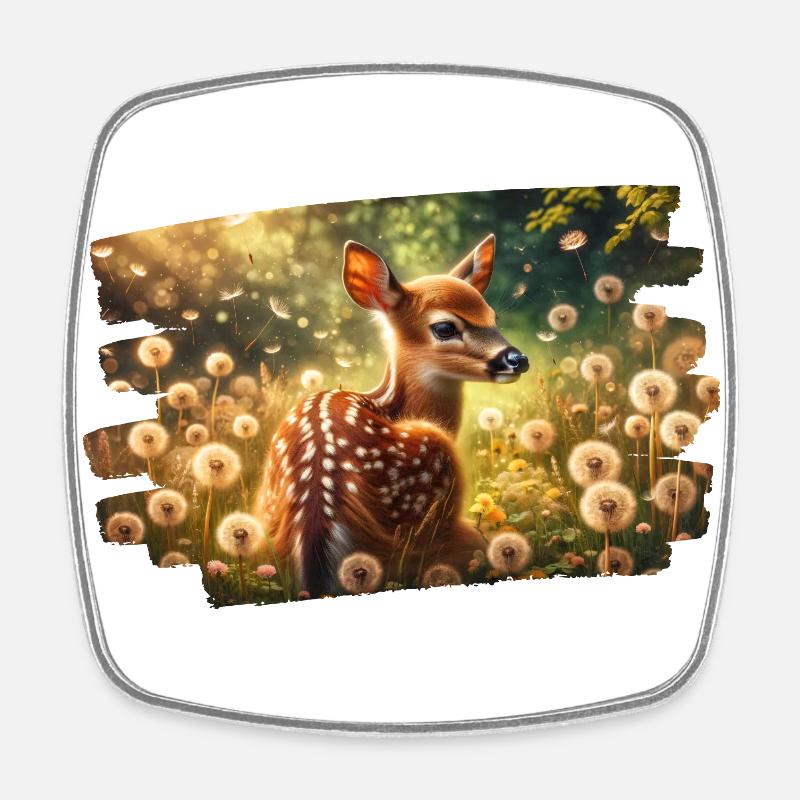 Deer in golden dandelion meadow - Square fridge magnet - white