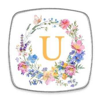 U Monogram Floral, Couronne de fleurs, personnalisable - Magnet carré - blanc - Devant