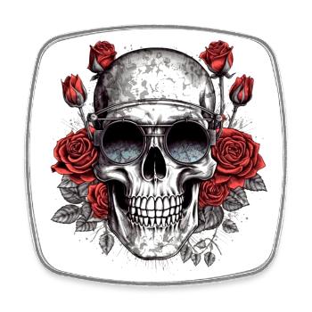 Cooler Hipster Totenkopf mit Brille und Rosen - Viereckiger Kühlschrankmagnet - Weiß - Vorne