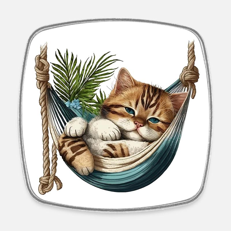 Cat in a Hammock - Square fridge magnet - white