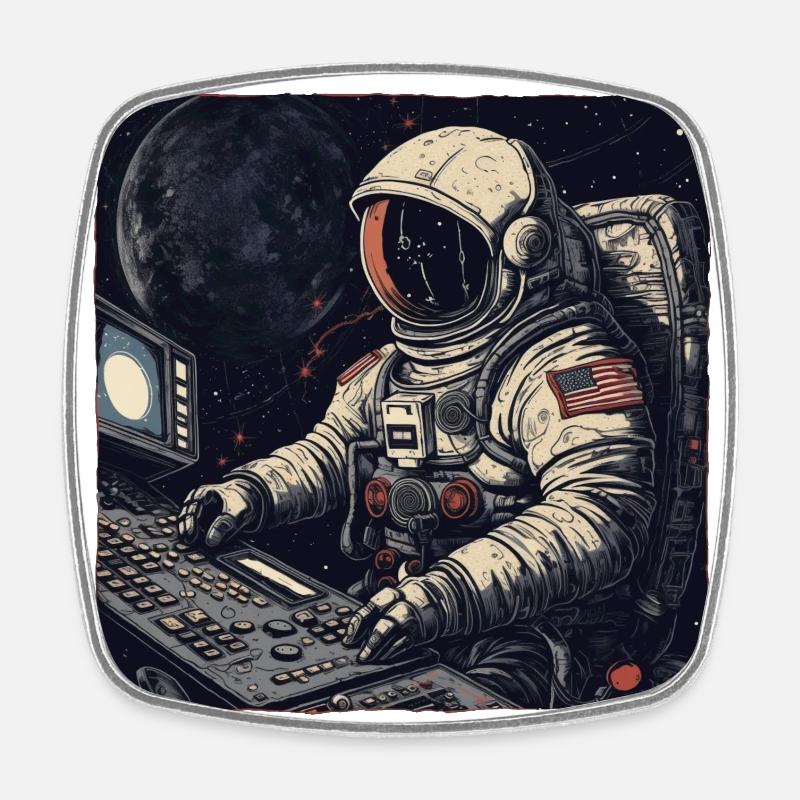 Cool retro astronaut operates computers - Square fridge magnet - white