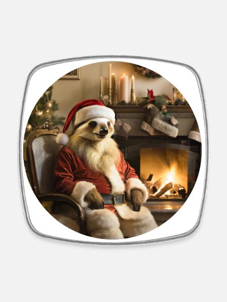 Santa Claus sloth in front of fireplace - Square fridge magnet - white