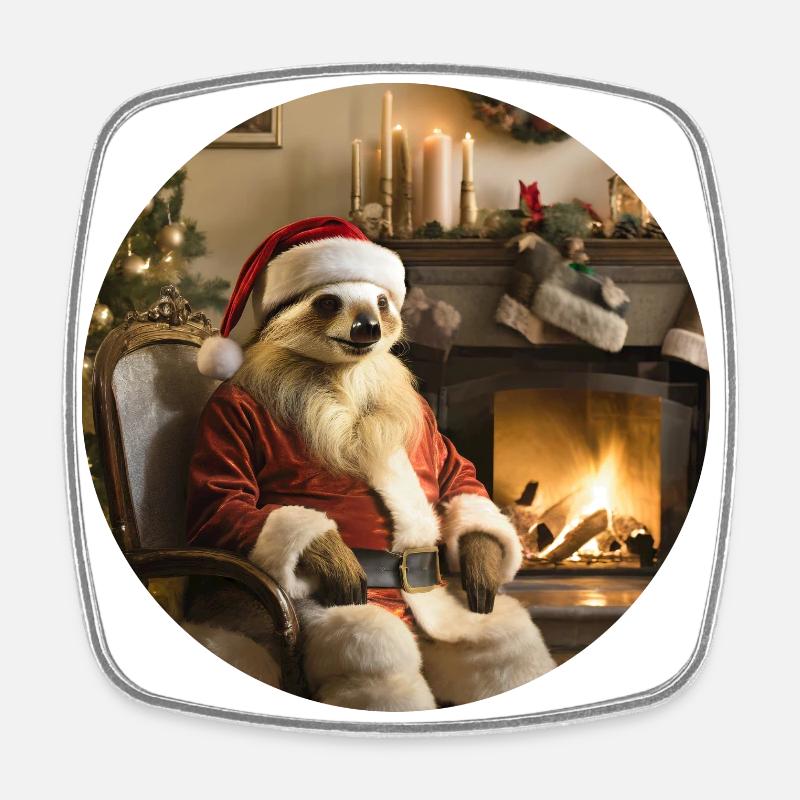 Santa Claus sloth in front of fireplace - Square fridge magnet - white