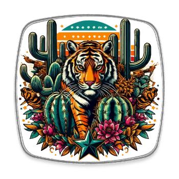 TIGER IN A COLORFUL DESERT WITH CACTUS AND STARS - Square fridge magnet - white - Front