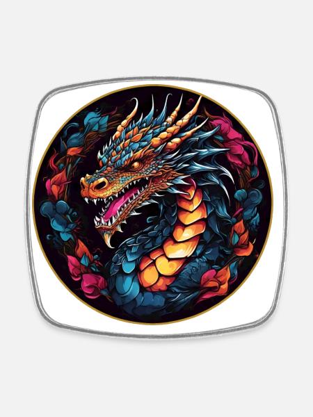 Bunter farbenfroher Drache Drachenportrait - Firkantet køleskabsmagnet - hvid