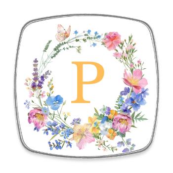 P Monogram Floral, Floral Wreath, Personalizable - Square fridge magnet - white - Front