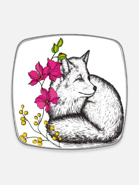 Fuchs mit Blumen - Viereckiger Kühlschrankmagnet - Weiß