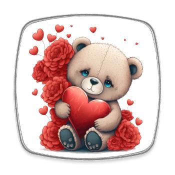 Cute teddy bear with red flowers and hearts - Square fridge magnet - white - Front