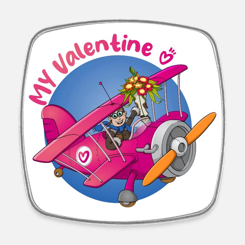 My valentine, pilot with flowers in airplane - Square fridge magnet - white